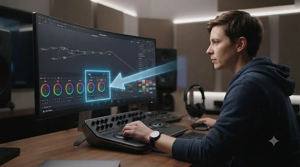 Illustration of a person working inside DaVinci Resolve's Color page with an assistant overlay pointing at a specific node control