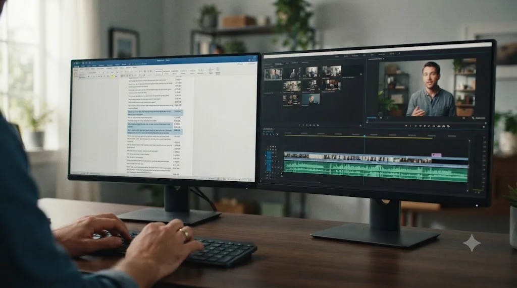 Illustration of a person editing a text transcript with the corresponding video clip trimming itself automatically