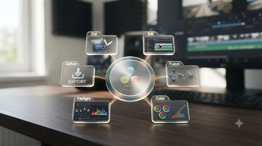 Illustration of DaVinci Resolve's five connected pages, Cut, Edit, Fusion, Color, Fairlight, and Deliver, arranged around a central project