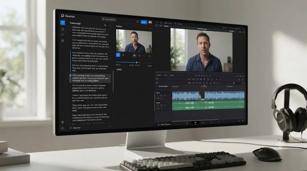 Illustration of the same talking-head recording being edited side by side, once as a transcript in Descript and once as a timeline in DaVinci Resolve