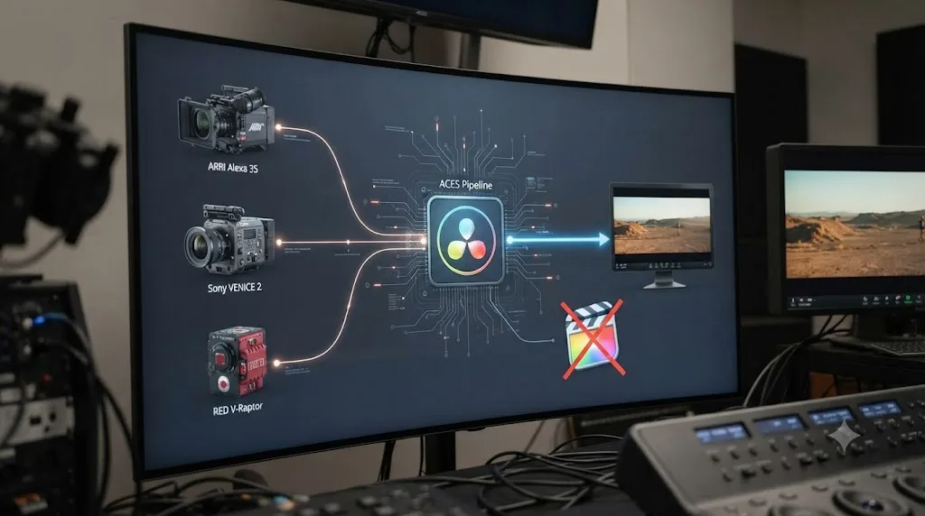 Illustration of an ACES color management pipeline with DaVinci Resolve at the center and Final Cut Pro shown without ACES support