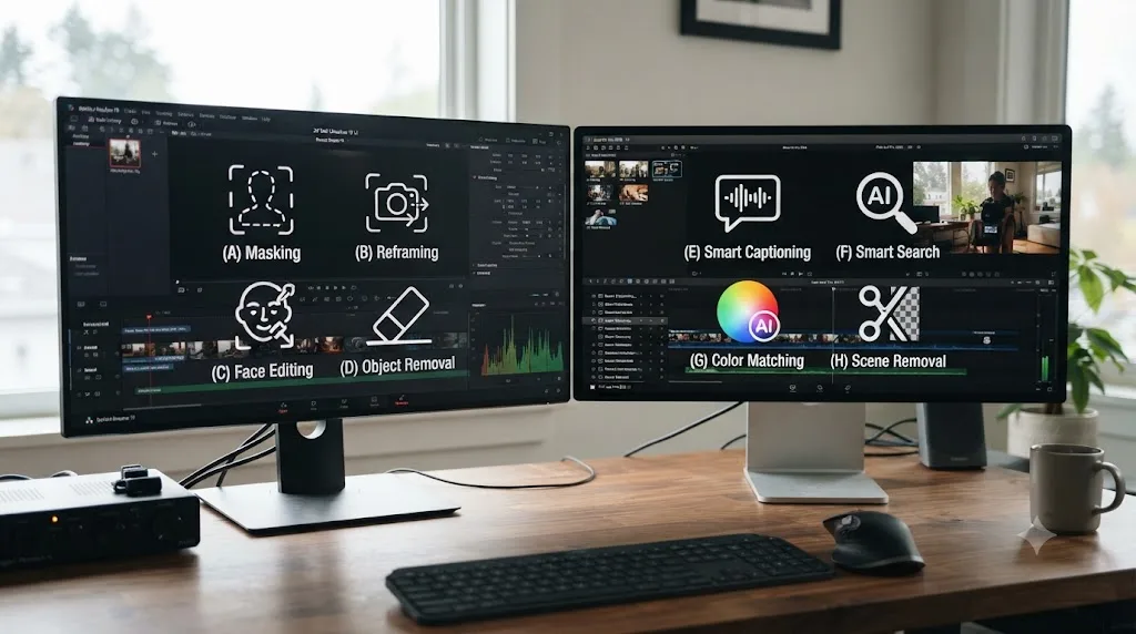 Illustration comparing DaVinci Resolve's Neural Engine AI features to Final Cut Pro's 2026 AI features