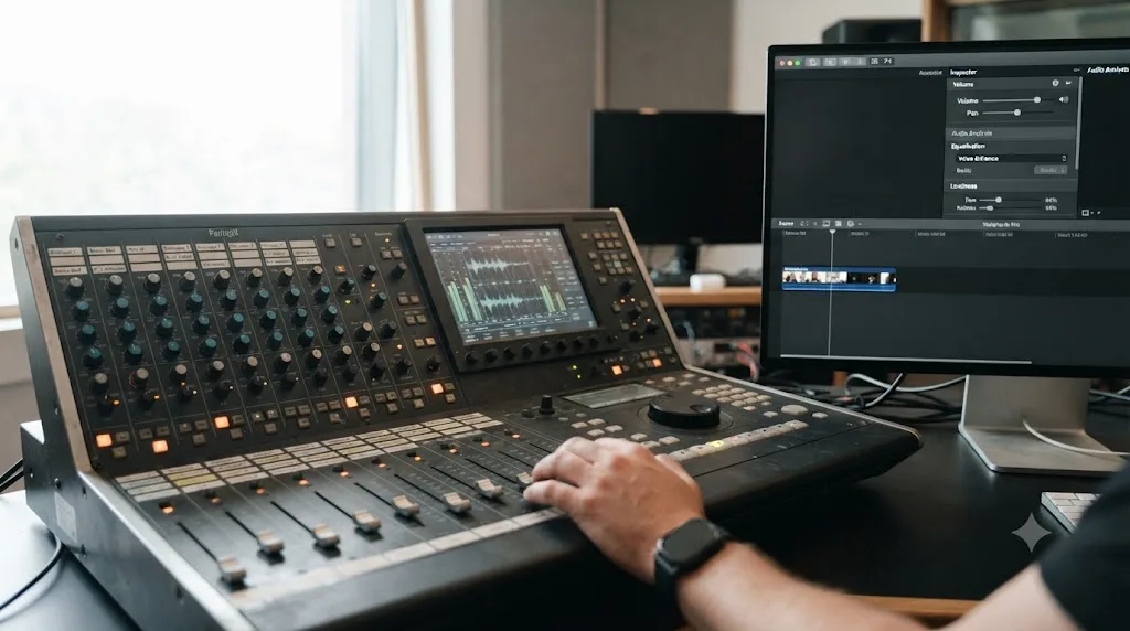 Illustration comparing DaVinci Resolve's Fairlight audio mixing console to Final Cut Pro's simpler audio inspector panel