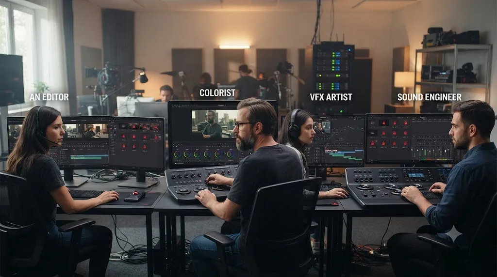 Illustration of four people collaborating on the same DaVinci Resolve project at once, with locked bins and timelines