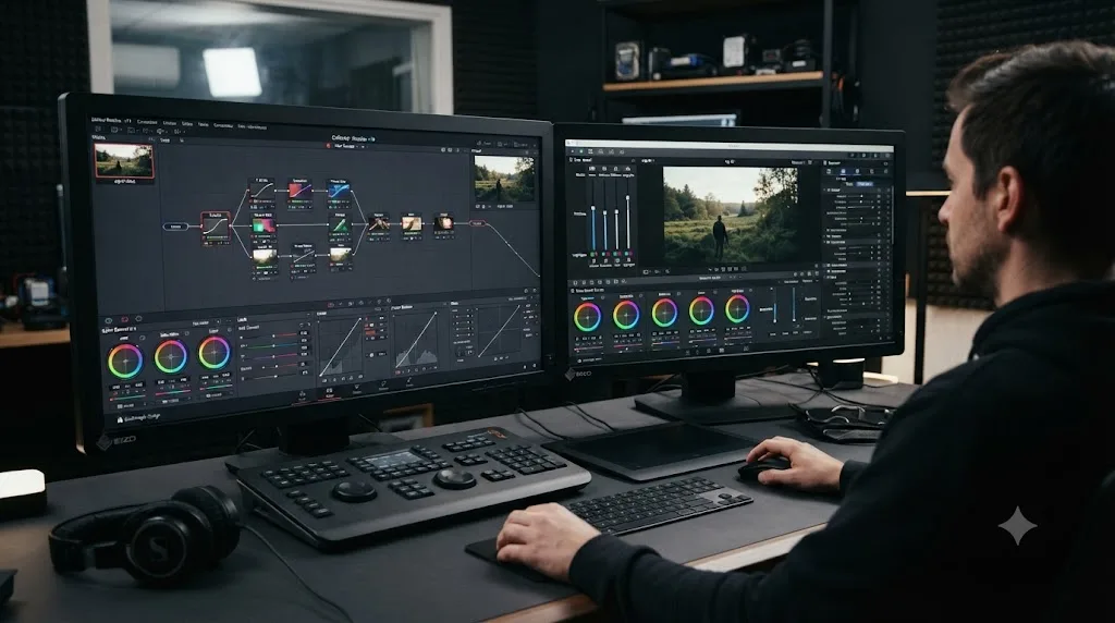 Illustration comparing DaVinci Resolve's node-based color page to Final Cut Pro's slider-based color board