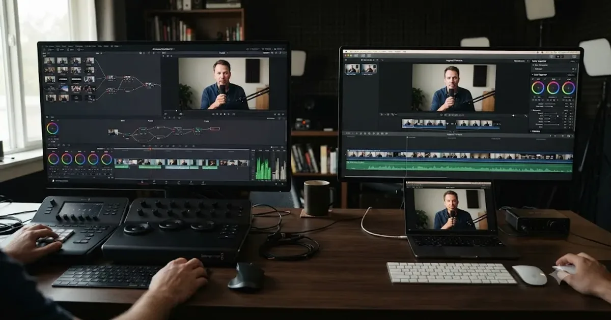 Illustration of two editing timelines side by side, one representing DaVinci Resolve and one representing Final Cut Pro