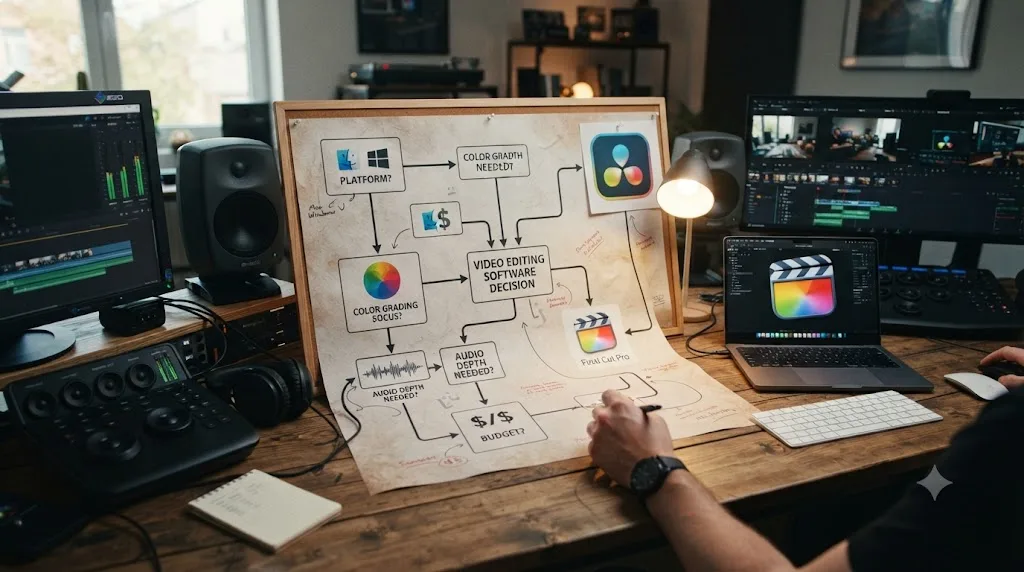 Illustration of a decision flowchart branching toward DaVinci Resolve or Final Cut Pro based on specific project needs