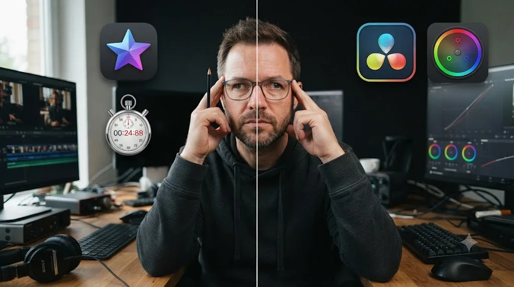 Illustration of an editor weighing DaVinci Resolve against Final Cut Pro, split between speed and color depth