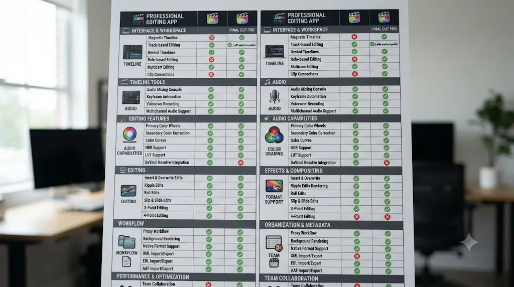 Illustration of a full side-by-side comparison table between DaVinci Resolve and Final Cut Pro across every major feature