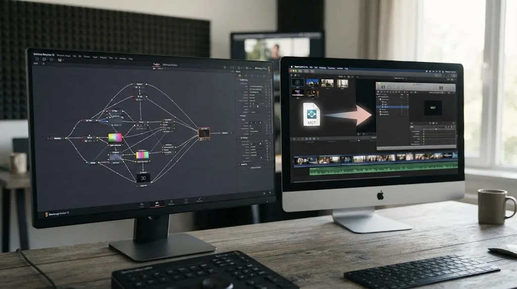 Illustration comparing DaVinci Resolve's built-in Fusion node compositor to Final Cut Pro's separate Motion app workflow