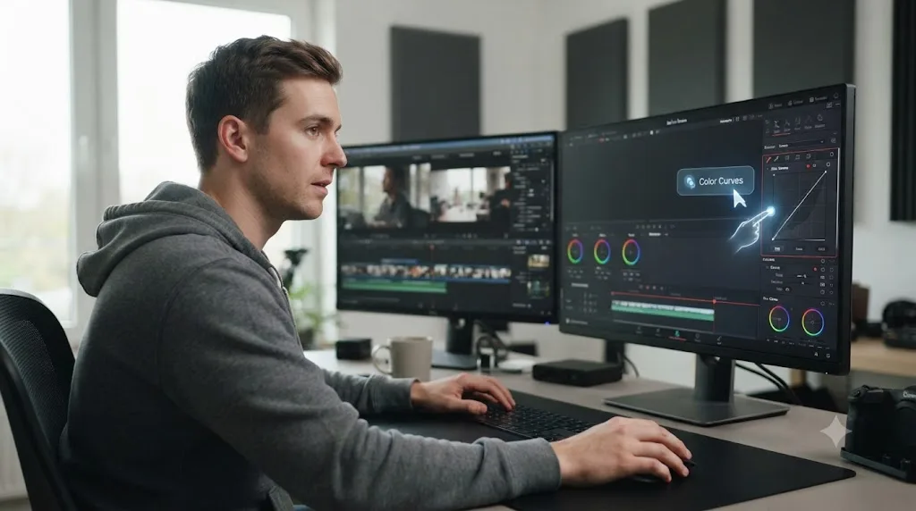 Illustration of a person switching from Final Cut Pro to DaVinci Resolve with an AI tutor pointing at a control on screen