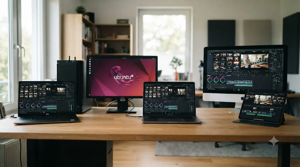 Illustration comparing DaVinci Resolve running across Windows, macOS, and Linux computers against Final Cut Pro limited to Mac and iPad