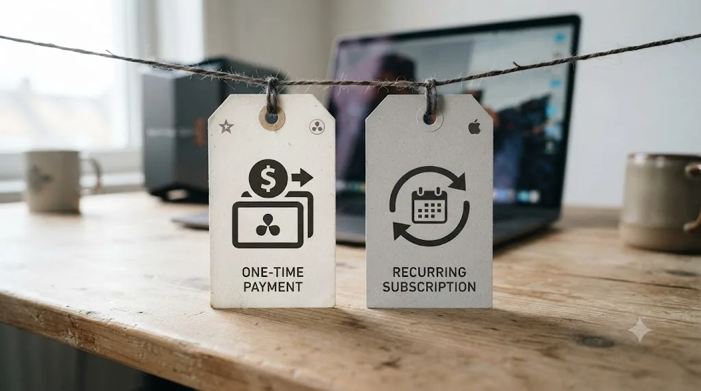 Illustration of two price tags comparing a one-time purchase model against a monthly subscription model