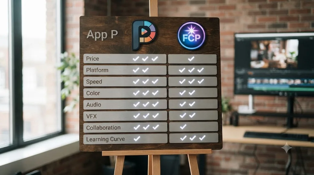 Illustration of a scoreboard comparing DaVinci Resolve and Final Cut Pro across eight categories