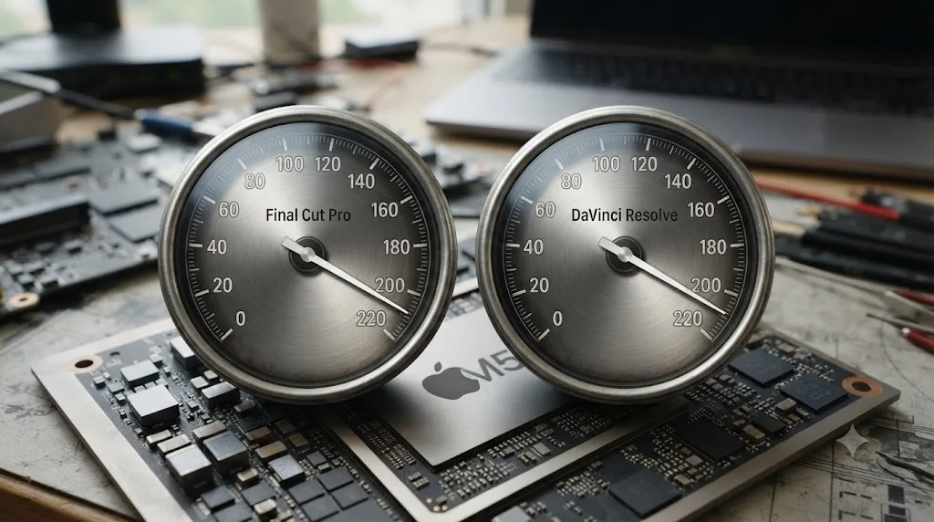 Illustration of two speedometers comparing Final Cut Pro and DaVinci Resolve export speed on Apple Silicon