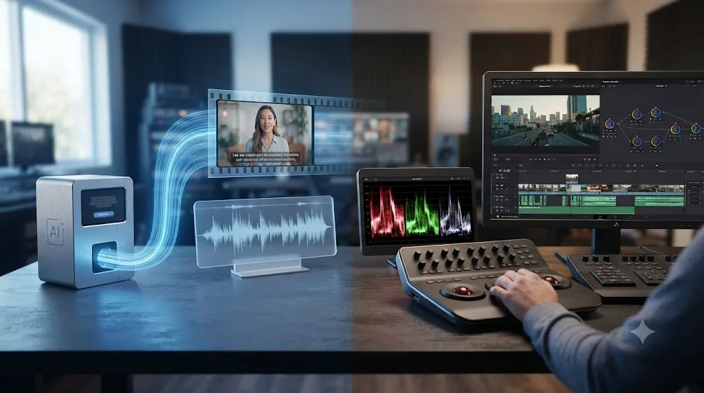 Illustration of a text prompt box turning into a finished captioned video on one side and a DaVinci Resolve editing timeline with color nodes on the other