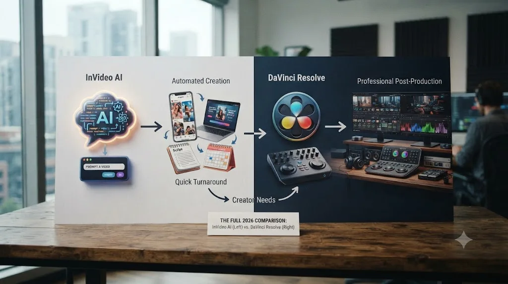 Illustration of a decision chart comparing a text-prompt video generator against a professional footage editor