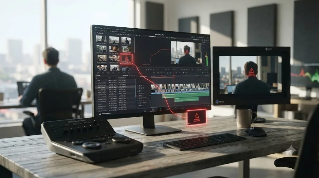 Illustration of a DaVinci Resolve Media Pool clip flagged for frame rate and resolution mismatch against native footage