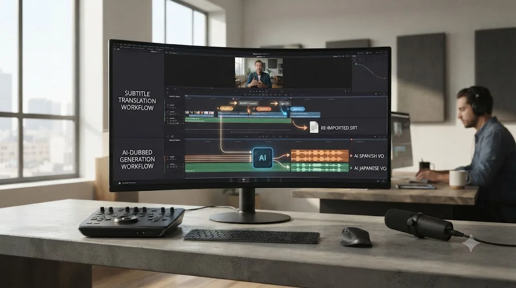 Illustration of a video timeline branching into a translated subtitle track and a separately AI-dubbed language track