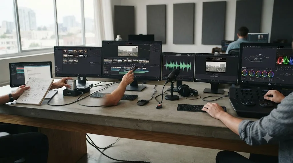 Illustration of a DaVinci Resolve workflow broken into six separate manual stages a person works through in sequence