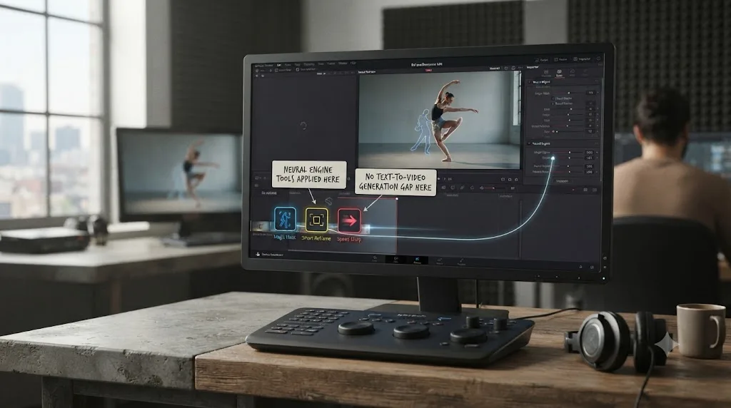 Illustration of DaVinci Resolve's Neural Engine tools applied to existing footage, with a labeled gap showing no text-to-video generation feature