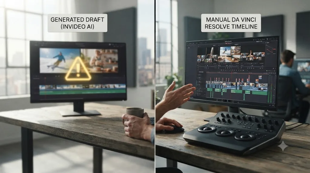 Illustration contrasting a generated video draft with a mismatched stock clip against a manually assembled DaVinci Resolve timeline