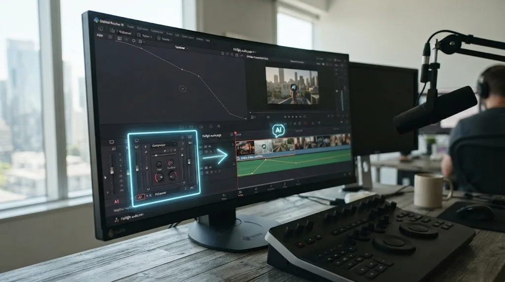 Illustration of a glowing box drawn around a DaVinci Resolve audio control by an on-screen assistant, with a generated video clip already on the timeline