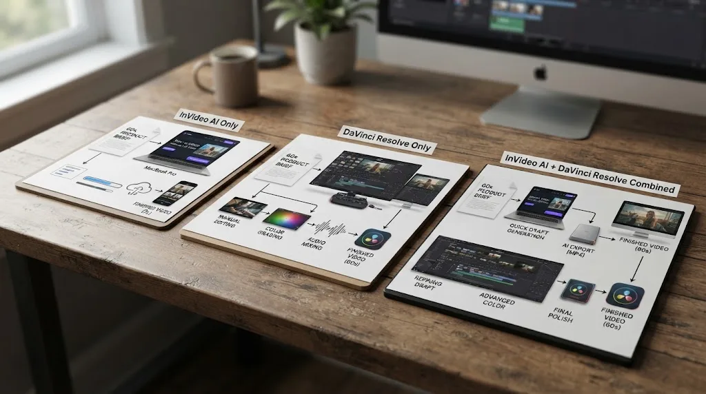 Illustration of three parallel workflow diagrams showing the same product brief processed through different tool combinations into a finished video