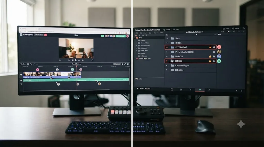 Illustration comparing Kapwing's real-time multiplayer editing to DaVinci Resolve's first-come lock model for team collaboration