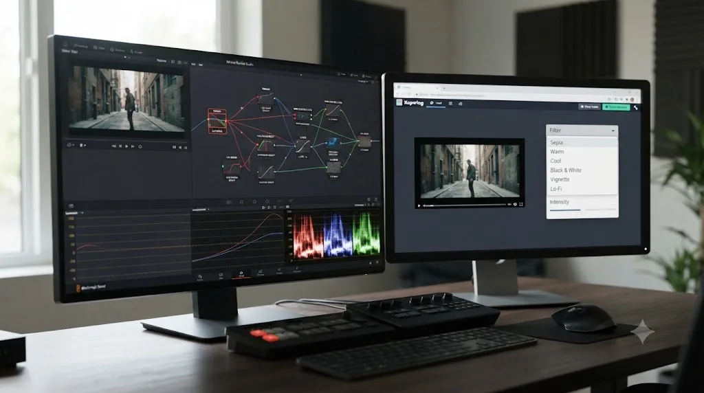 Illustration comparing DaVinci Resolve's node-based color grading with scopes to a simple filter dropdown in a browser editor
