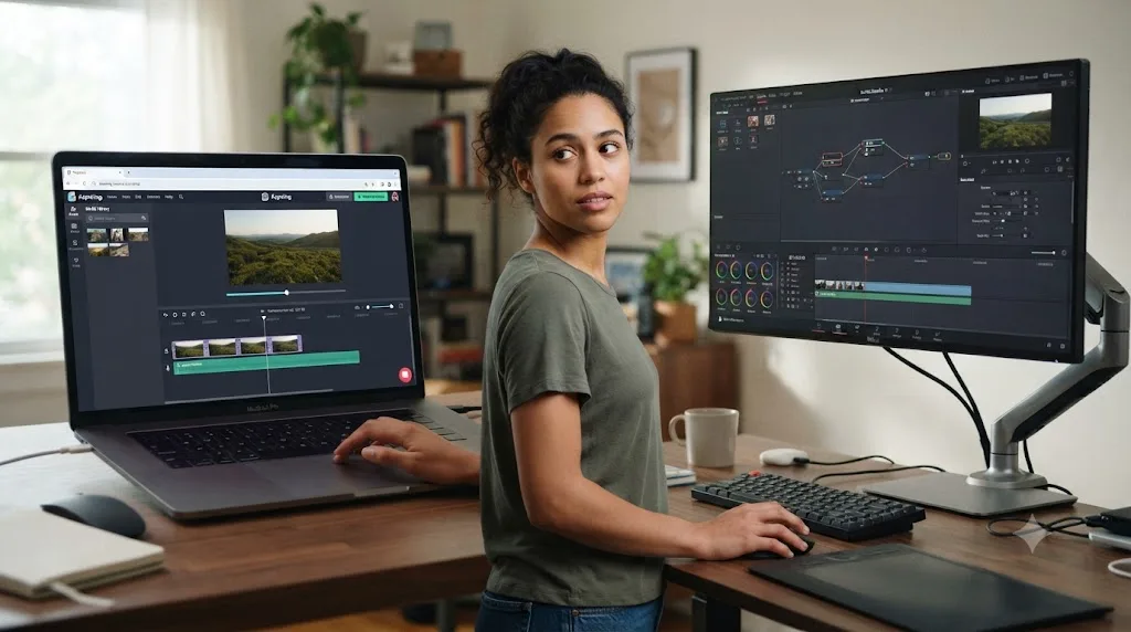 Illustration of a browser tab running a simple video editor next to a desktop screen running DaVinci Resolve's multi-page interface, representing a beginner choosing between Kapwing and DaVinci Resolve