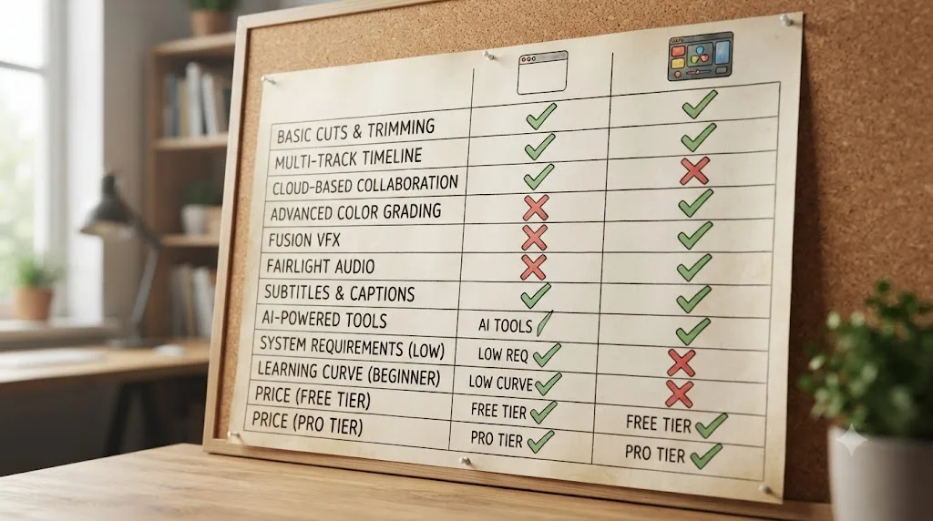 Illustration of a full side-by-side comparison table between Kapwing and DaVinci Resolve across every major feature