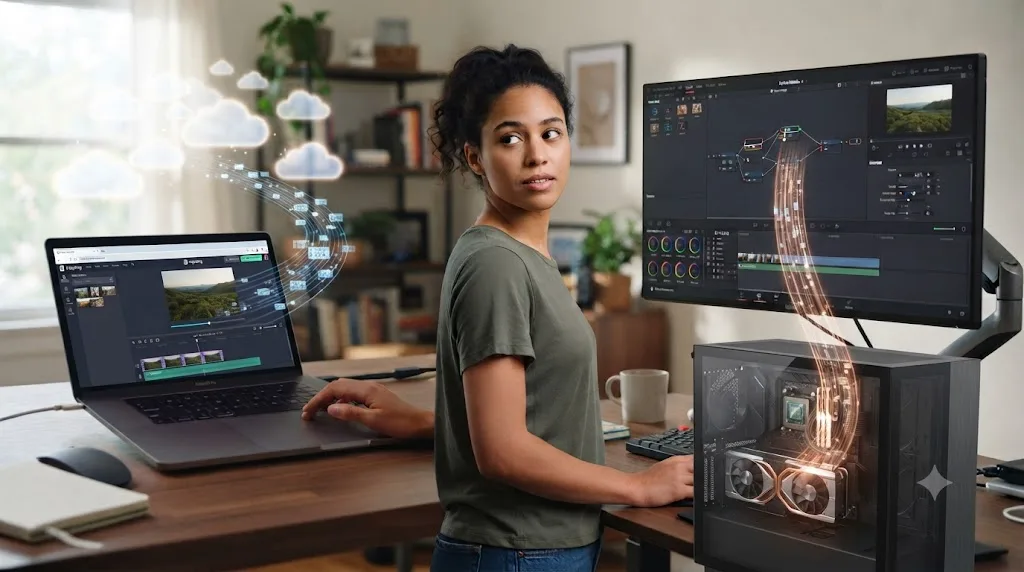 Illustration comparing Kapwing's cloud-based rendering to DaVinci Resolve's local GPU-based rendering