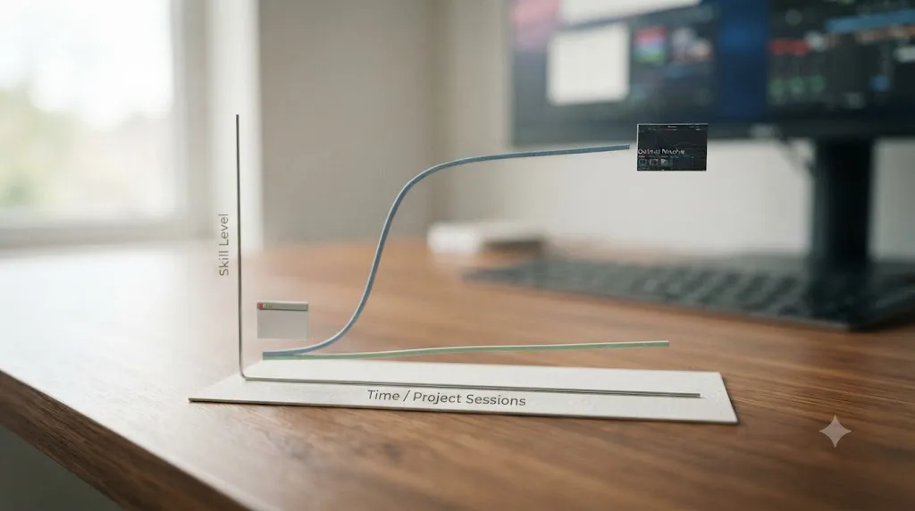 Illustration of a learning curve graph comparing Kapwing's flat curve against DaVinci Resolve's steep-then-flattening curve