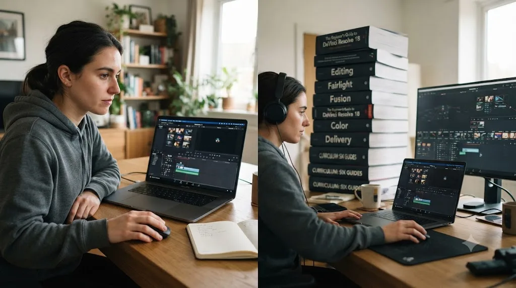 Illustration of a beginner following a short Cut page tutorial instead of a full six-guide DaVinci Resolve training curriculum