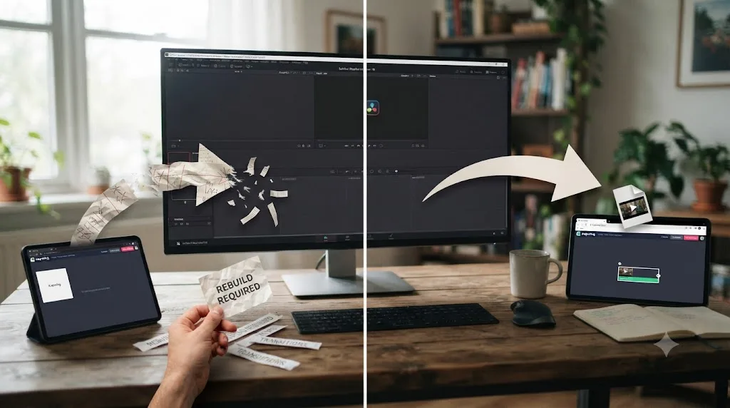 Illustration of the asymmetric migration path between Kapwing and DaVinci Resolve, showing a full rebuild one direction and a simple export the other