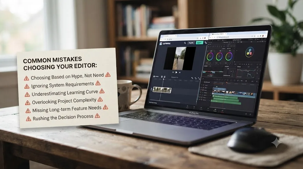 Illustration of a checklist card listing common mistakes beginners make choosing between Kapwing and DaVinci Resolve