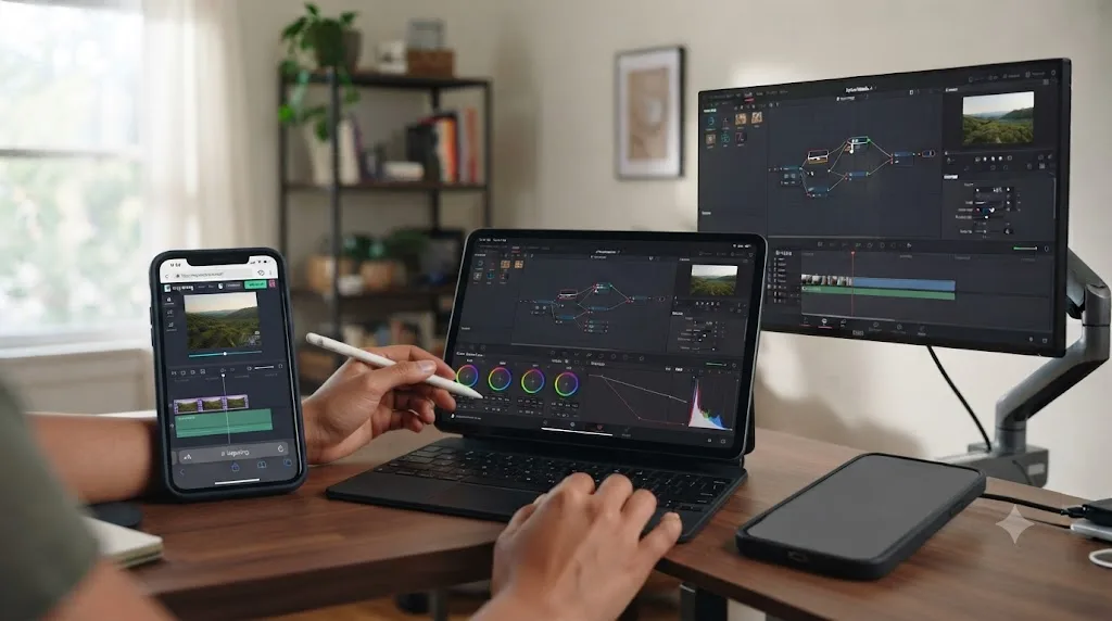 Illustration comparing Kapwing's mobile browser access to DaVinci Resolve's iPad-only app, with no DaVinci Resolve icon shown on a phone