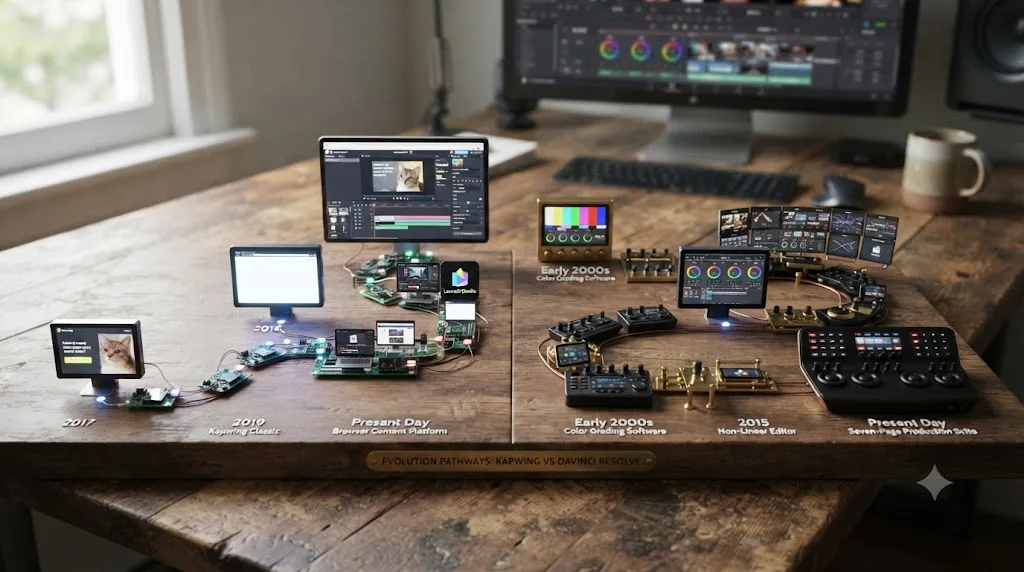 Illustration comparing Kapwing's evolution from a meme editor into a browser content platform against DaVinci Resolve's evolution from color software into a full production suite
