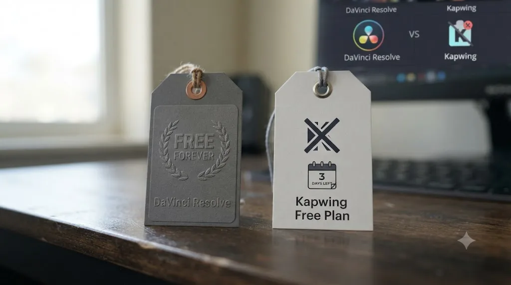 Illustration of two price tags comparing DaVinci Resolve's genuinely free edition against Kapwing's watermarked, time-limited free plan