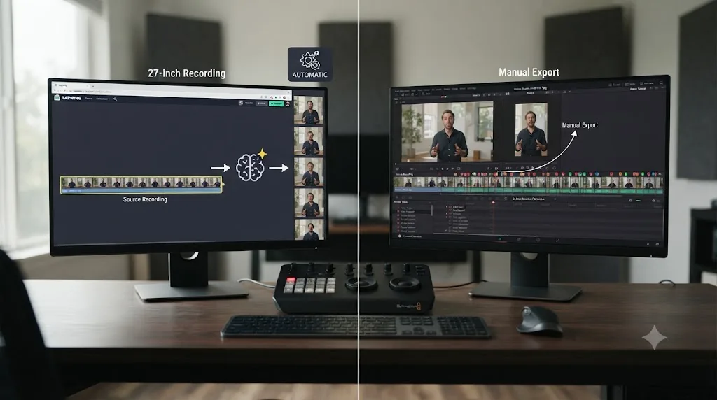 Illustration comparing an automated AI clip-generation workflow to DaVinci Resolve's manual marker and search-based repurposing workflow