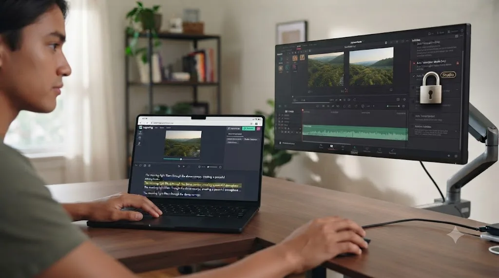Illustration of automatic subtitle generation appearing in a browser editor, next to DaVinci Resolve's subtitle feature shown gated behind a Studio-only lock icon