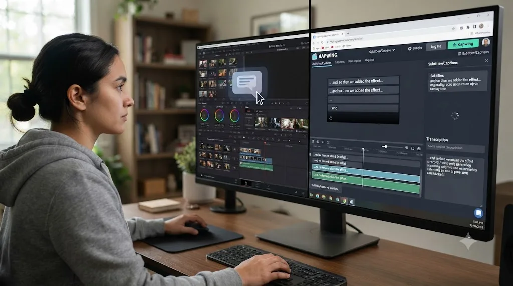Illustration contrasting an AI agent generating content automatically in a browser editor with an assistant pointing at a specific DaVinci Resolve control