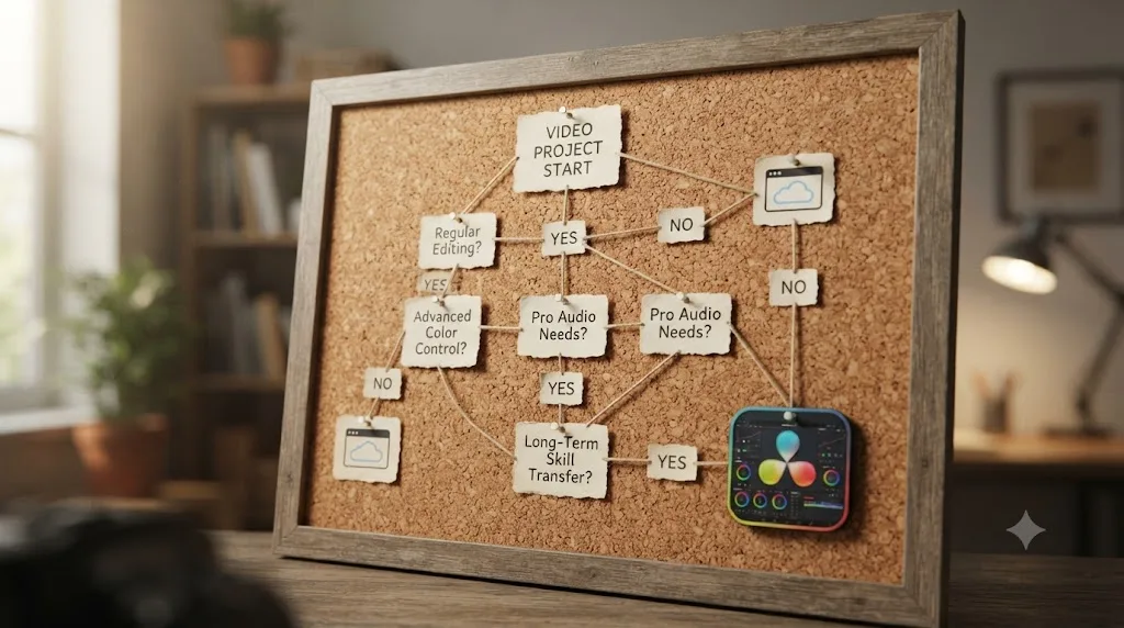 Illustration of a decision flowchart branching toward DaVinci Resolve based on regular editing plans, color needs, and skill transfer priorities