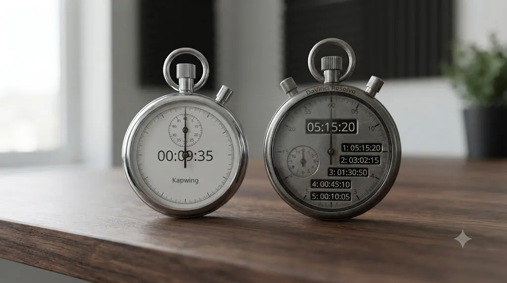 Illustration of a stopwatch comparing a fast Kapwing edit against a DaVinci Resolve edit that shortens with repeated practice