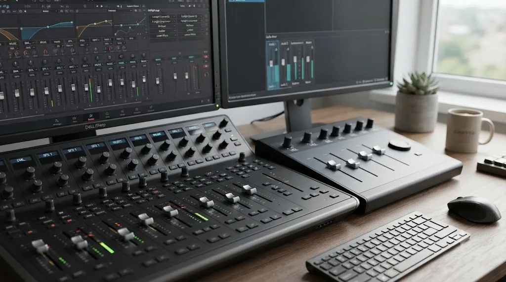 Illustration comparing DaVinci Resolve's Fairlight audio console to Kdenlive's basic Audio Mixer panel