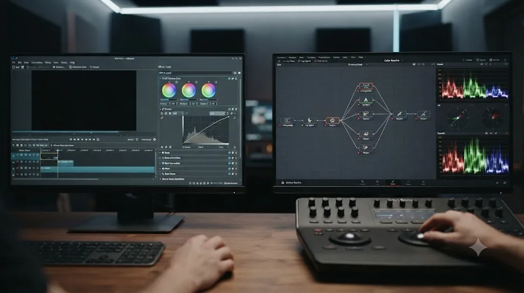 Illustration comparing Kdenlive's effect stack color tools to DaVinci Resolve's node based Color page
