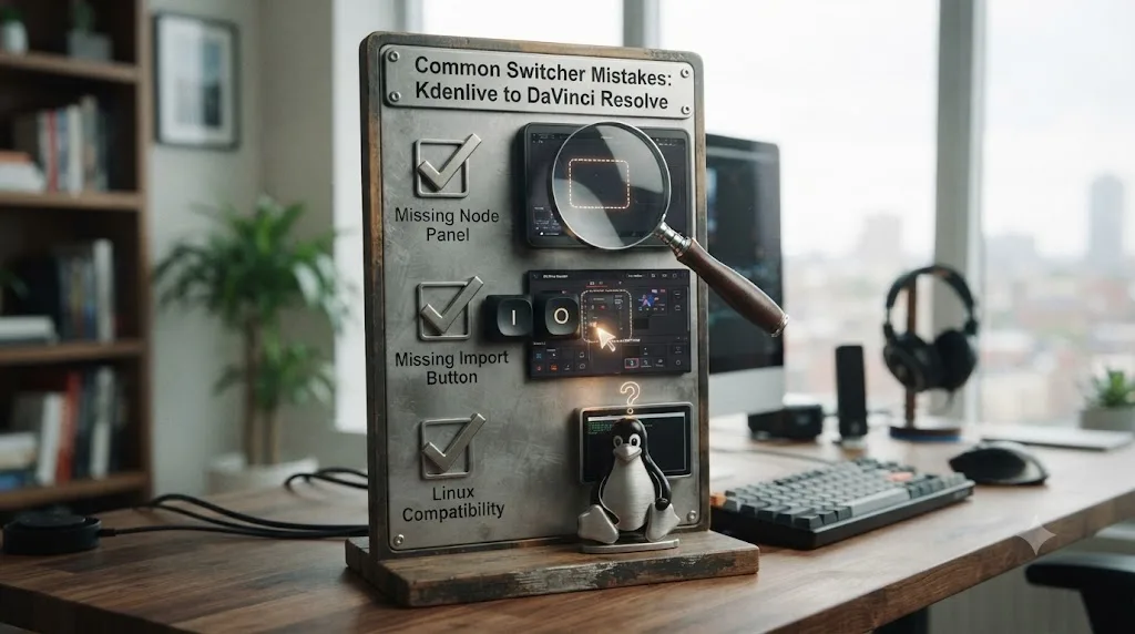 Illustration of a checklist showing common mistakes creators make switching between Kdenlive and DaVinci Resolve
