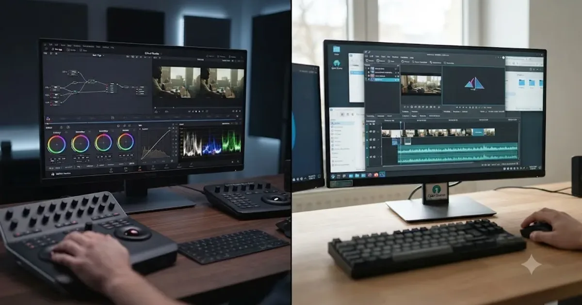 Illustration of a DaVinci Resolve node-based color page next to a Kdenlive open source editing timeline