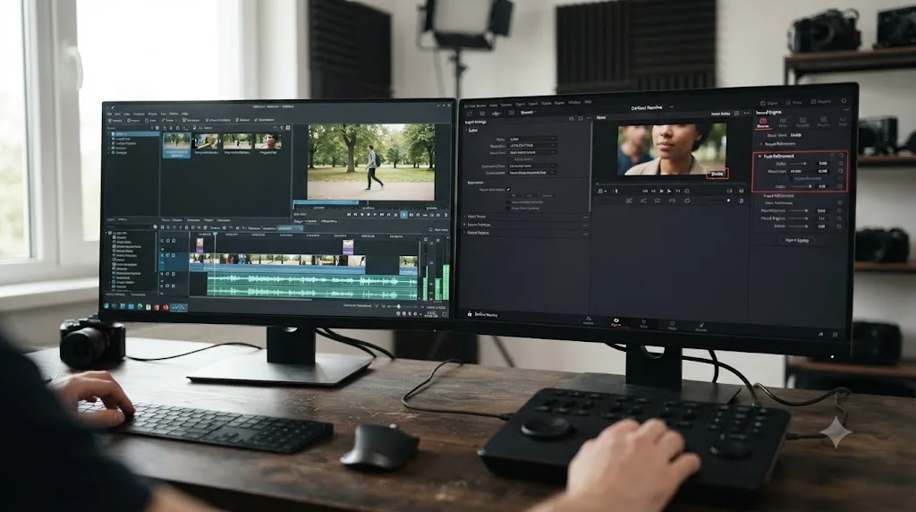 Illustration comparing Kdenlive's fully unlocked interface to DaVinci Resolve's Studio watermark appearing only on AI-assisted exports